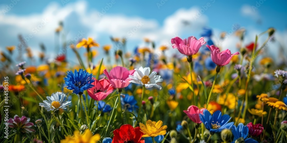 Close-Up of Wildflowers on a Sunny Day. Colourful Nature Background.