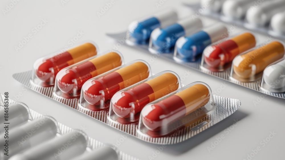 High-tech capsule packs with anti-counterfeiting features on a white background High-tech capsule packs with anti-counterfeiting features on a white background