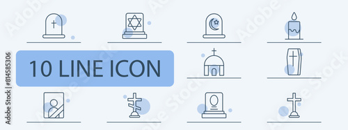 Funeral set icon. Grave, cross, Christianity, faith, burial, mound, candle, flame, portrait, ritual photo on monument, coffin, Turkish funeral traditions, temple, funeral slab. Obsequies concept.