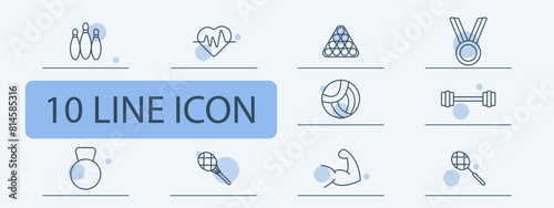 Sports set icon. Skittles, bowling, calendar, schedule, medal, weight, racket, tennis, barbell, rod, billiards, volleyball, muscles, boxing glove, hobby. Healthy lifestyle concept.