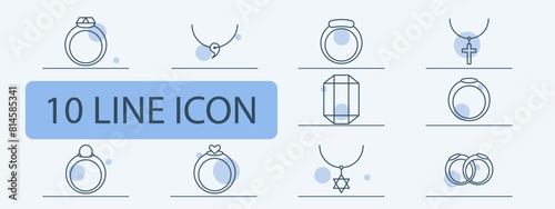 Jewelry set icon. Ring, diamond, adamant, cross, wedding rings, gemstone, luxury, heart, gift, chain, annulus, hoop, emerald, amethyst, sapphire. Expensive gifts concept.