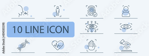 Identification set icon. Voice, analysis, recognition, fingerprint, scanning, verification, DNA, signal, eye, ocular retina, heartbeat, hand, face, face ID, success, human silhouette.
