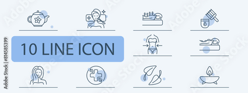 Relax set icon. Tea, tea ceremony, facial massage, acupuncture, cream, oils, healthy and strong hair, aroma candle, stone therapy, towel, weight loss, cross, traditional medicine. Sauna concept.