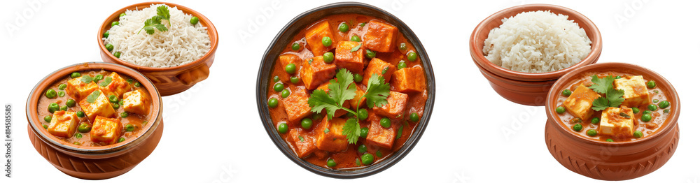 mutter panner with boiled rice in bowl handi, green peas, and cottage cheese curry, isolated transparent png, Indian traditional local food dish mutter panner with boiled rice in bowl handi, green peas, and cottage cheese curry, isolated transparent png, Indian traditional local food dish