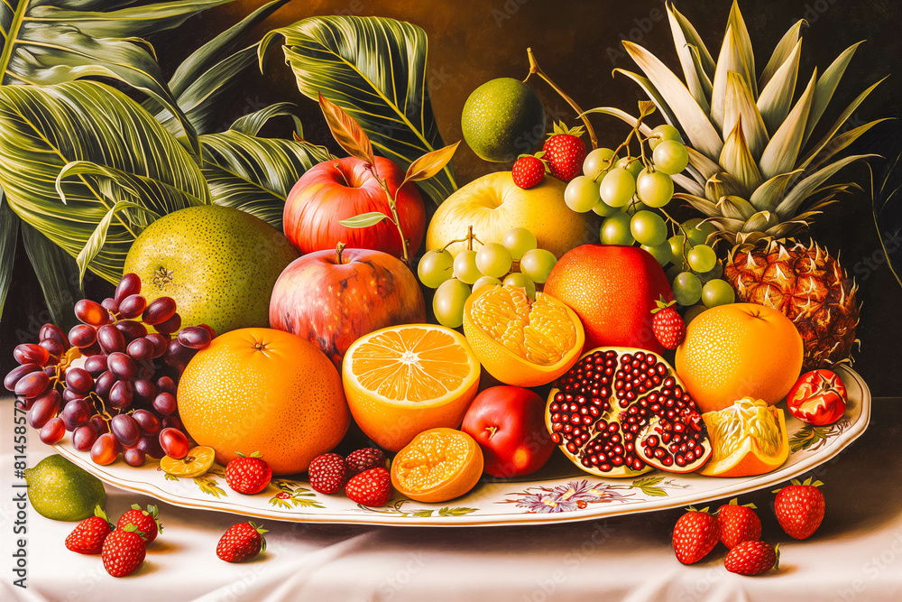 A selection of ripe, juicy fruits, arranged artfully on a white platter, tempting the viewer with their fresh colors and textures. A selection of ripe, juicy fruits, arranged artfully on a white platter, tempting the viewer with their fresh colors and textures.