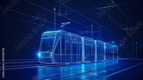Futuristic blue wireframe tram on tracks  glowing in the dark  symbolizing modern transport technology