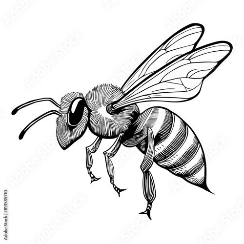 Abeille en vol, profil, icone, dessin vectoriel, noir et blanc, gravure ancienne