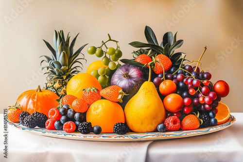 A selection of ripe  juicy fruits  arranged artfully on a white platter  tempting the viewer with their fresh colors and textures.