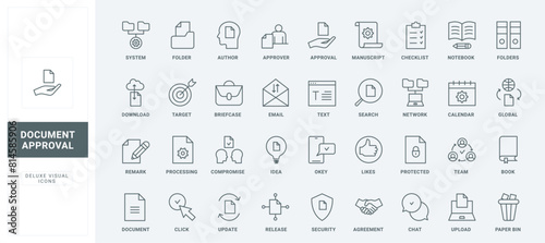 System stamps to release, update and approve files or product, process agreement and checklist on clipboard thin black and red outline symbols, vector illustration. Documents approval line icons set