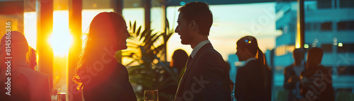 Two professionals are networking at a business conference. They are dressed in business attire and are holding drinks. The background is a blurred out cityscape.