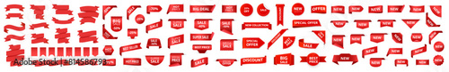 Big set label tags, realistic red price ribbon. Red sale stickers, best sellers, hot price, special offers. Promotional emblems © WinWin