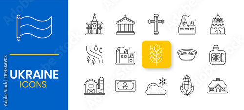 Ukraine country related things icons set design. Such as industry, wheat, orthodox, agriculture, sun flower oil, etc. Outline style illustration vector.	