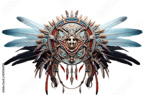 A tribal headdress with feathers and a skull on it. The feathers are blue, red, and white photo