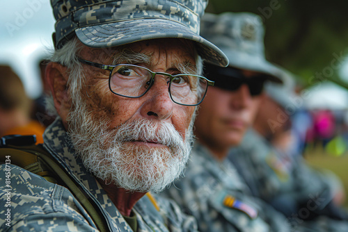 Portrait of old man veteran soldier. Memorial day to honor war heroes and brave soldiers photo