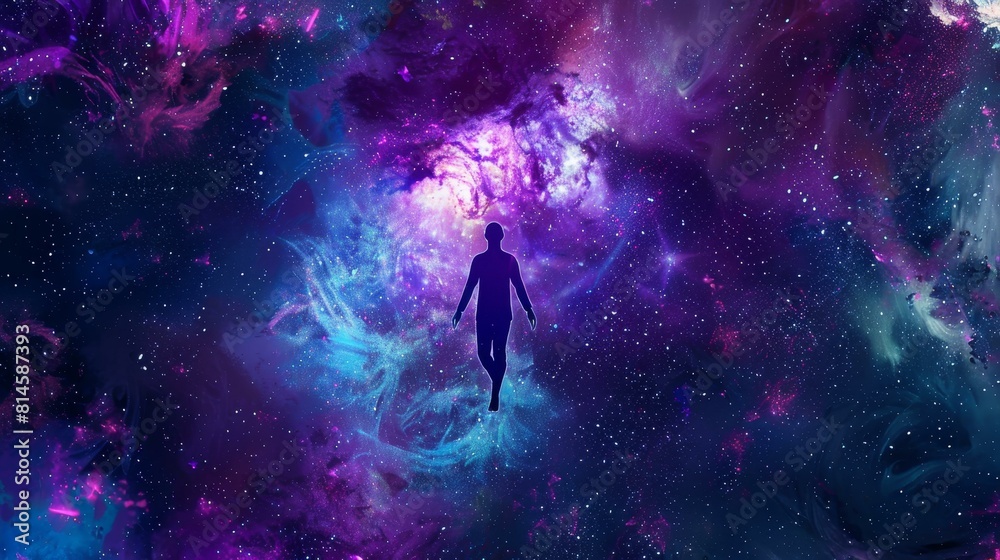Human soul floats in an abstract space, depicting the astral body and afterlife realms. Human soul floats in an abstract space, depicting the astral body and afterlife realms.