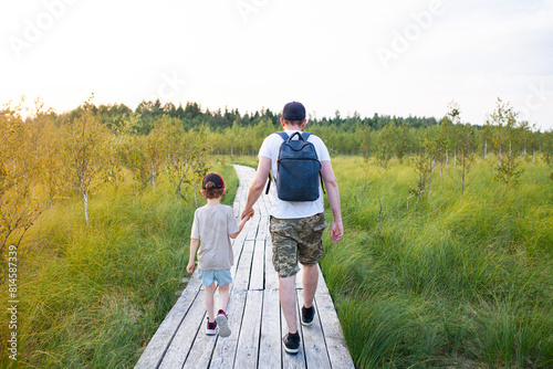 Back view of man with child walking in wildlife national park. Wooden boardwalk through dried-up swamp with birch trees. Concept of ecotourism, hiking, travel with children. Selective focus .