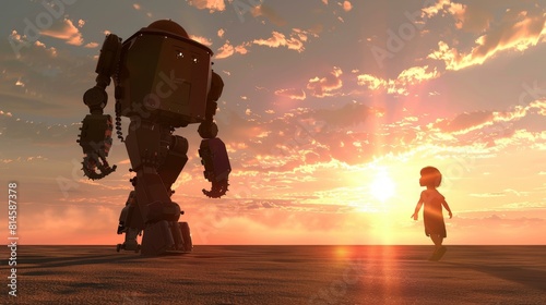 Giant robot and child stroll at sunset, symbolizing humanAI friendship. photo