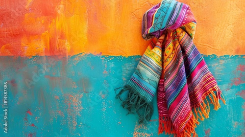 Colorful handwoven scarf on vibrant abstract background