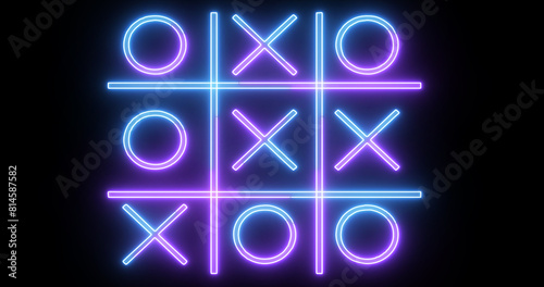 Blue and purple Tic Tac Toe game icon on a black background. Glowing neon line Tic Tac Toe X-O game icon on a black background. Technology video material animation. Easy to use in any video.