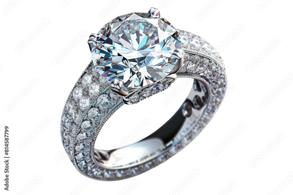 A large diamond ring with a diamond in the center. The ring is set with diamonds and has a gold band A large diamond ring with a diamond in the center. The ring is set with diamonds and has a gold band