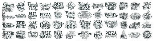 Big set fast food lettering. Hand drawn labels for bars, cafes selling pizza, ramen, waffle, popcorn, burgers © WinWin