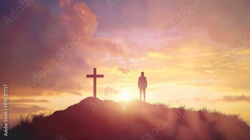 Man prays at hilltop cross during sunset seeking divine hope and help.