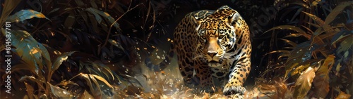 Through the Amazon's undergrowth, the jaguar maneuvers with calculated grace. Each silent stride draws it nearer to prey, seamlessly melding into the forest's mosaic of light and shadow. photo