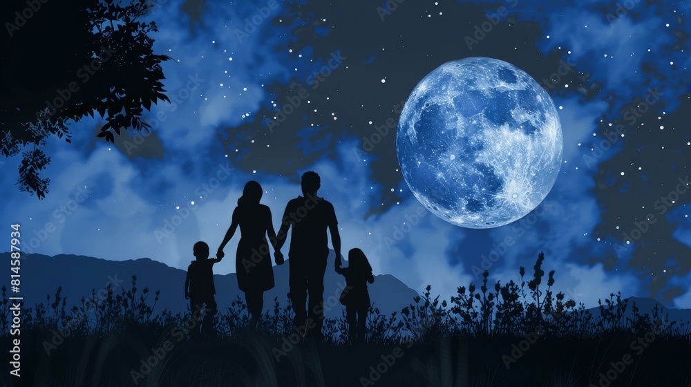 Happy family walks under moonlight, silhouetted in the night. Happy family walks under moonlight, silhouetted in the night.