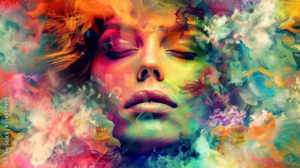 Woman meditates with closed eyes against an abstract backdrop, symbolizing creativity.