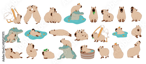 Cute Cartoon capybara collection , Character Design with Flat Colors in Various Poses , isolated on white background © fishyo