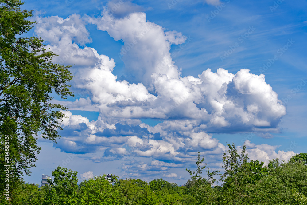 Scenic view of scenic landscape with blue sky and fluffy white clouds background at Swiss City of Zürich on a sunny afternoon. Photo taken May 13th, 2024, Zurich, Switzerland. Scenic view of scenic landscape with blue sky and fluffy white clouds background at Swiss City of Zürich on a sunny afternoon. Photo taken May 13th, 2024, Zurich, Switzerland.