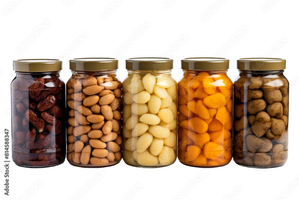 Five jars of different colored food in a row. The jars are filled with various types of food, including nuts, potatoes, and carrots. The jars are lined up next to each other Five jars of different colored food in a row. The jars are filled with various types of food, including nuts, potatoes, and carrots. The jars are lined up next to each other