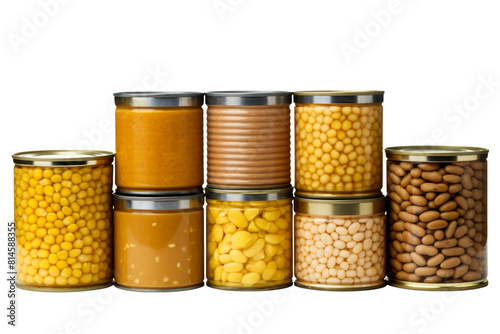 A row of canned food including beans, corn, and other items. The cans are lined up in a row photo
