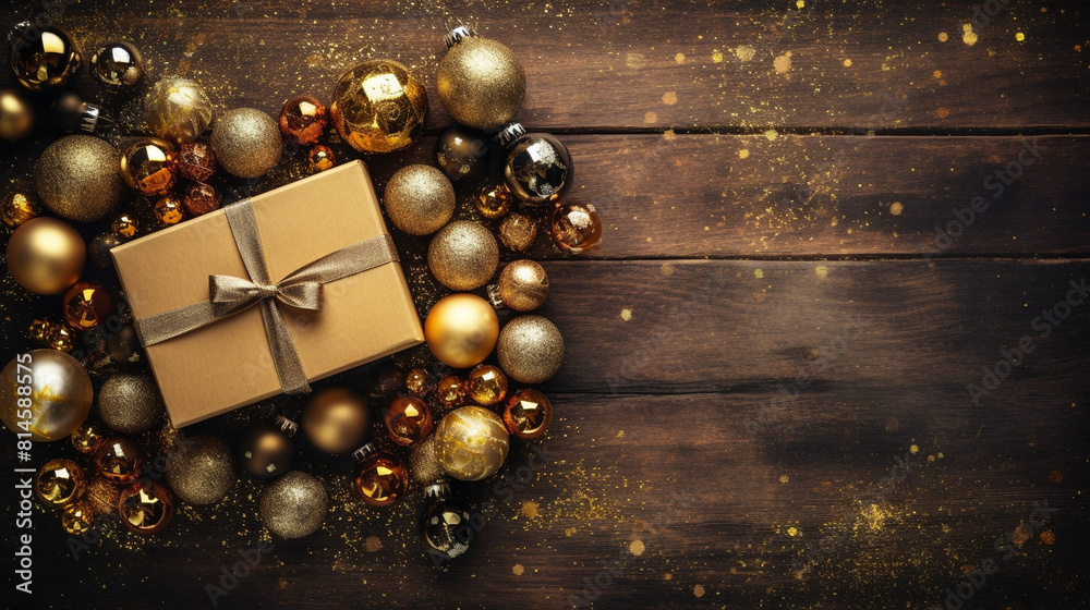 from above gold christmas decorations and gifts on a rustic wooden background, copy space, seasonal concept from above gold christmas decorations and gifts on a rustic wooden background, copy space, seasonal concept