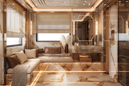 A lavish Restroom interior with glossy white and brown marble  basin with tile texture and classy mirror above it  seating couch next to a window  and a sophisticated light fixture. 3D Rendering