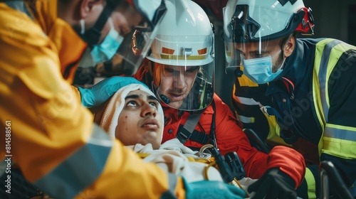 Rescuers working together to apply a neck splint to an injured victim before gently transferring them onto an emergency bed for further medical care. 
