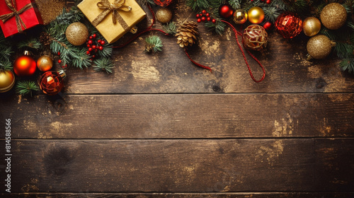 from above red and gold christmas decorations on a rustic wooden background, copy space, seasonal concept