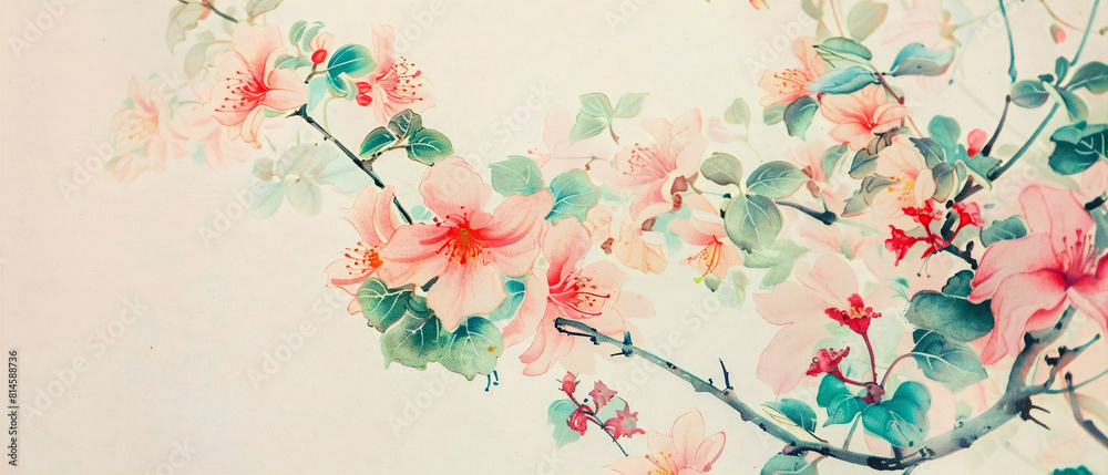 Vintage botanical print featuring delicate flowers in shades of pink and purple on white background.