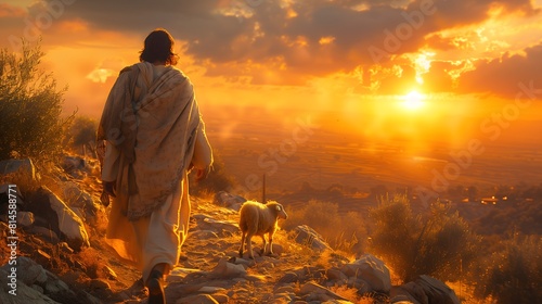 Bright sunlight shines on shepherd Jesus Christ leading sheep
