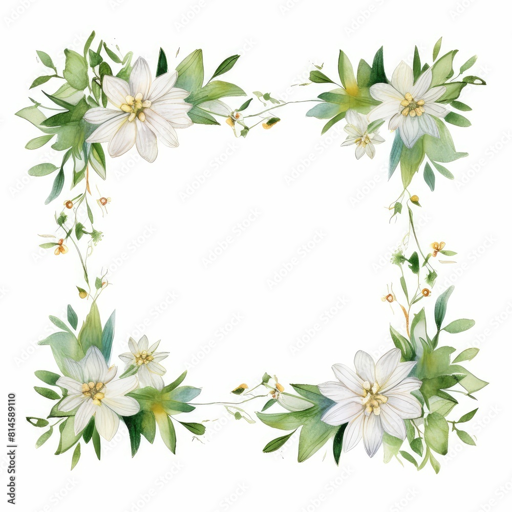 edelweiss themed frame or border for photos and text. with small white flowers and green leaves. watercolor illustration, Invitation card with wreath, frame and floral elements for creative own design