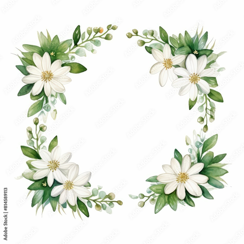 edelweiss themed frame or border for photos and text. with small white flowers and green leaves. watercolor illustration, Invitation card with wreath, frame and floral elements for creative own design edelweiss themed frame or border for photos and text. with small white flowers and green leaves. watercolor illustration, Invitation card with wreath, frame and floral elements for creative own design