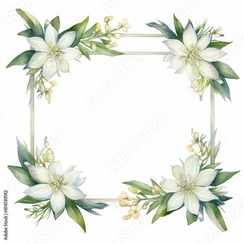 edelweiss themed frame or border for photos and text. with small white flowers and green leaves. watercolor illustration, Invitation card with wreath, frame and floral elements for creative own design
