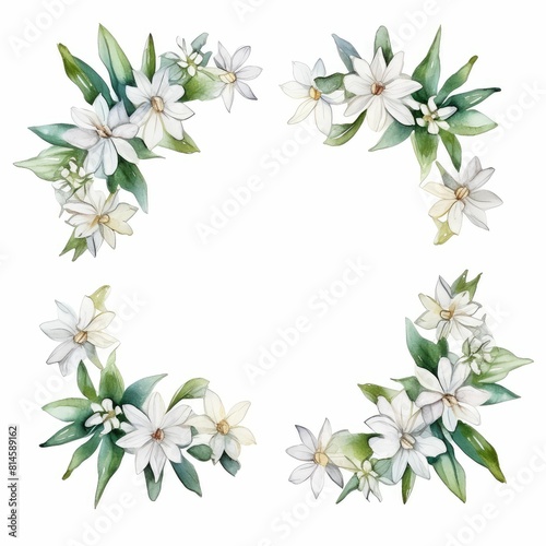 edelweiss themed frame or border for photos and text. with small white flowers and green leaves. watercolor illustration, Invitation card with wreath, frame and floral elements for creative own design