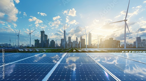 An inspiring visual depiction of solar panels and wind turbines against a backdrop of urban skyline  illustrating the transformative impact of renewable energy on cities and communities worldwide. 