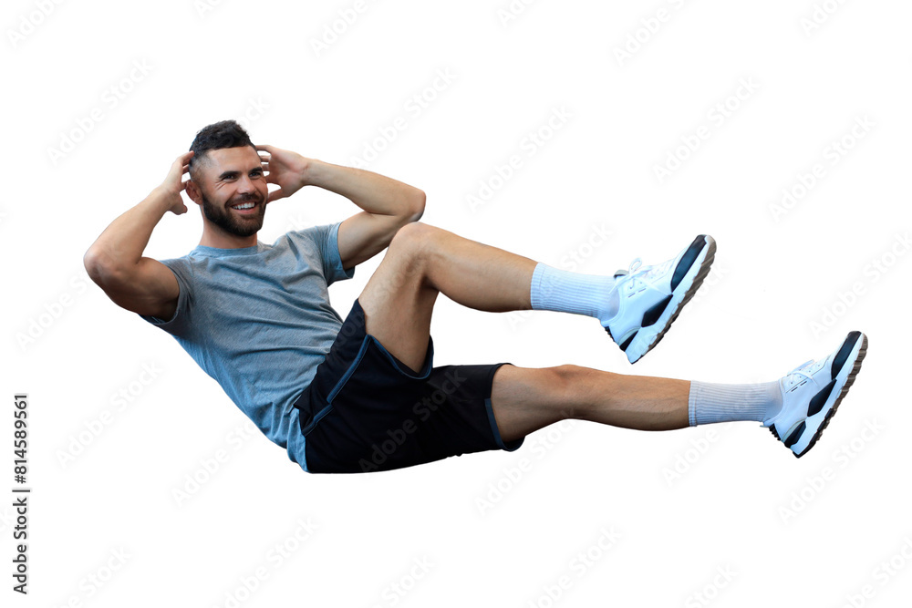 Fototapeta premium Attractive man working in pairs performing sit ups on a transparent background