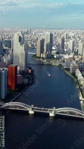Kachidoki Bridge Chūō city Tsukishima area Tokyo aerial vertical video. photo