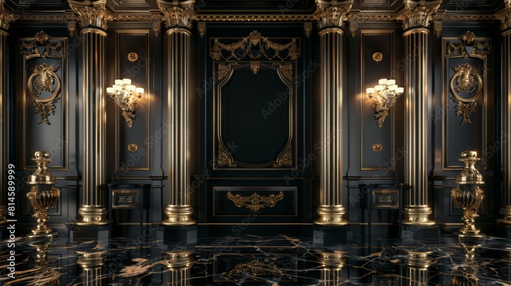 Obraz premium Black and gold classic interior background. 3d rendering