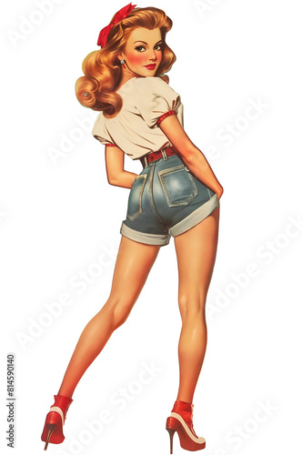 A vintage pin up girl wearing denim shorts striking a pose in a stylish and retro manner