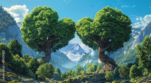 Heart of Nature  Two Majestic Trees Forming a Love Symbol in the Wild - Generative AI