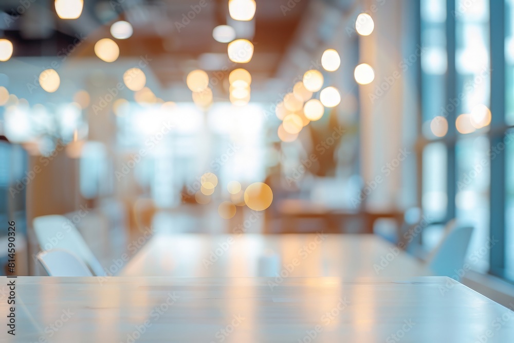 Blurred empty open space office. Abstract light bokeh at office interior background for design Blurred empty open space office. Abstract light bokeh at office interior background for design